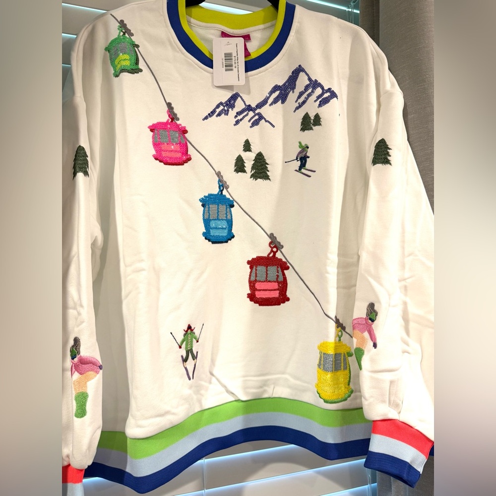 QUEEN OF SPARKLES Gondola Sweatshirt - White with Multicolor Gondola & Skiers